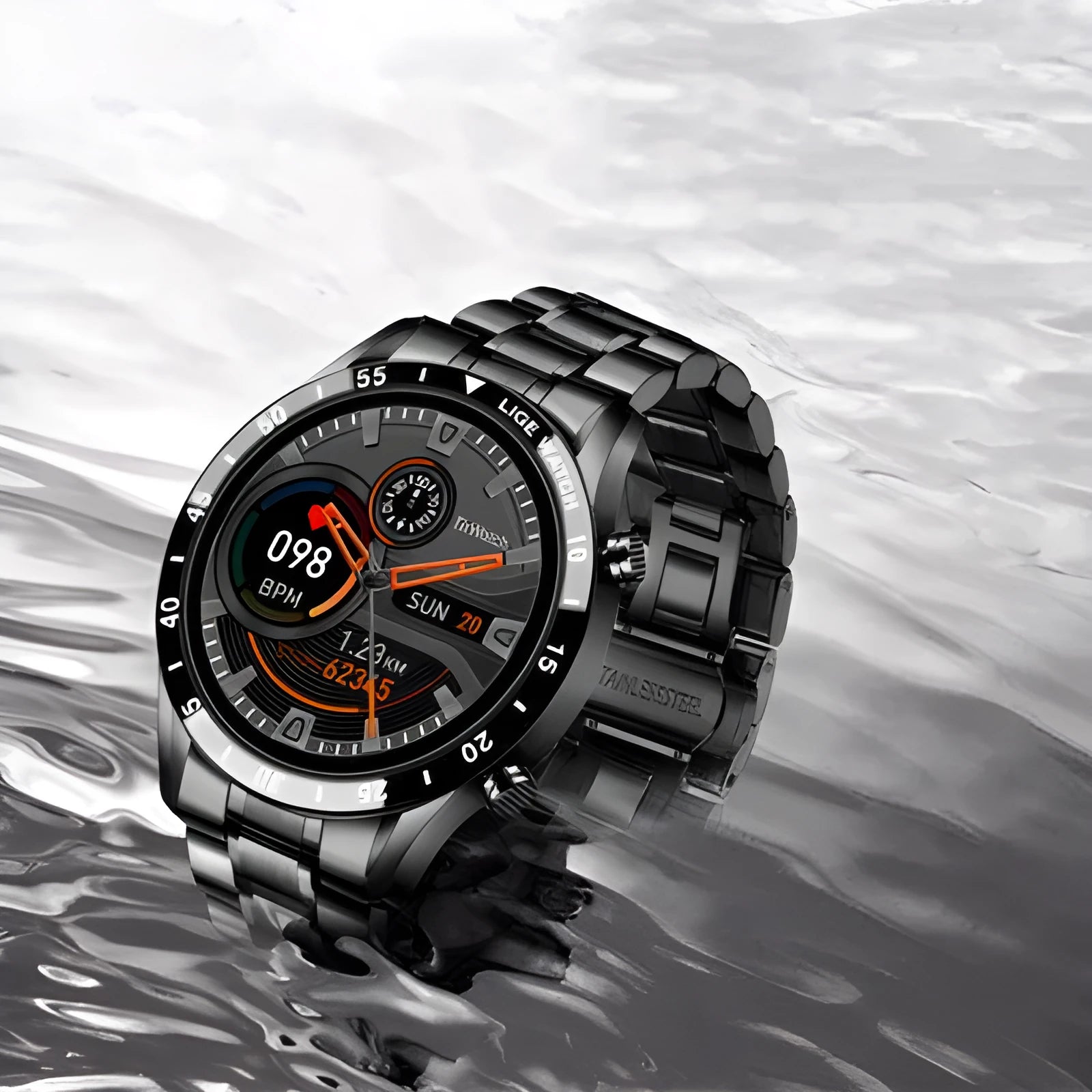 Stainless steel smart watch with black band and 1.3 inch touch screen display showing step count