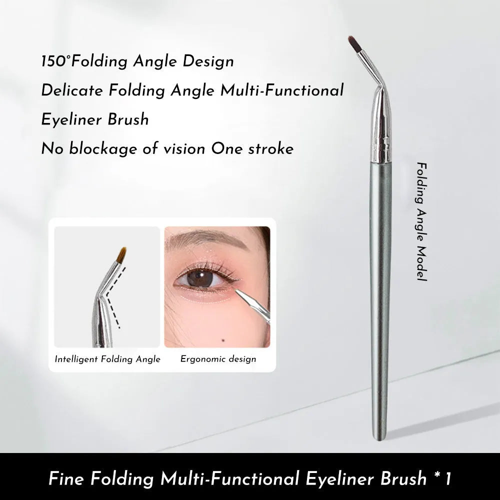 Angle view of a bend head fine tip eyeliner makeup brush for detailed eye application.