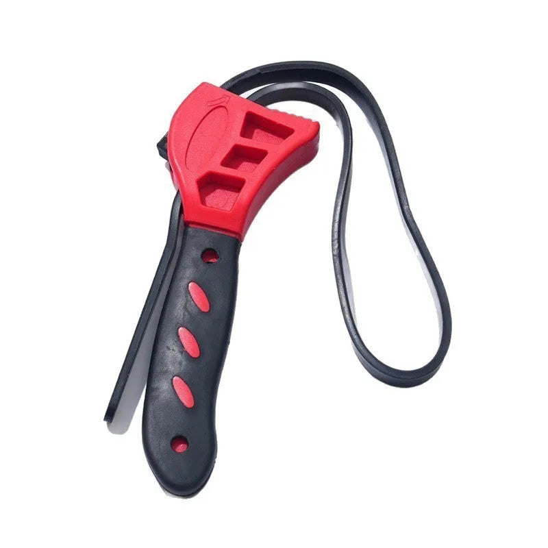 A 6-inch and an 8-inch adjustable rubber strap wrench set with plastic handles and a phosphated metal finish.