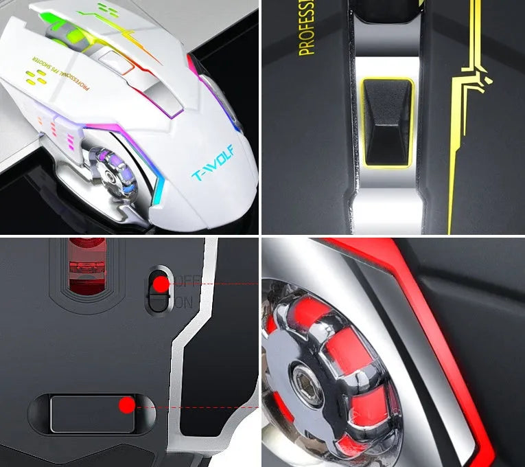 Black and white wireless computer mouse with USB charging cable showing six-button layout