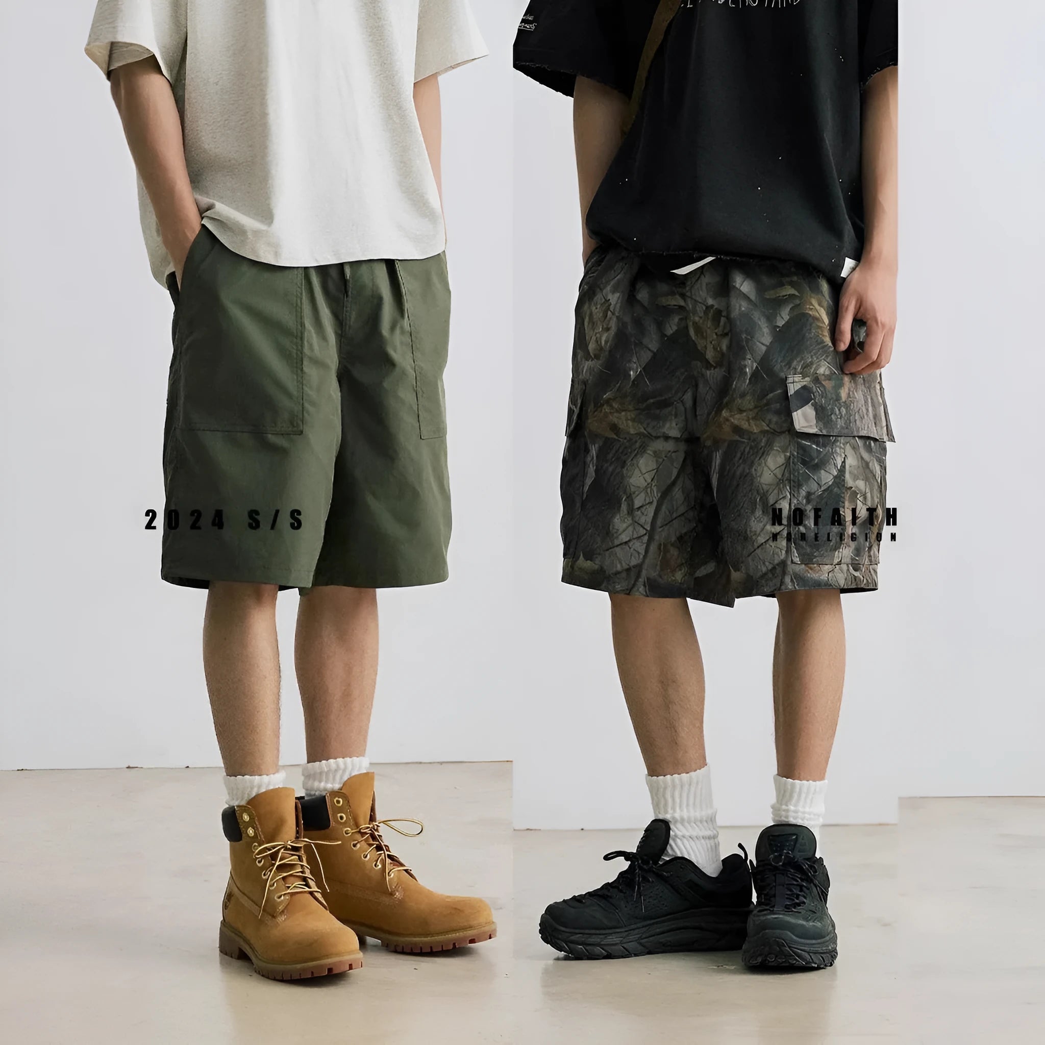 Loose fit denim shorts in army green with a straight leg and elastic waistband.