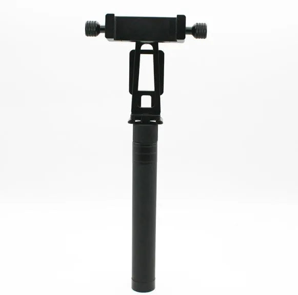 Black retractable selfie stick extended with smartphone mounted in adjustable holder