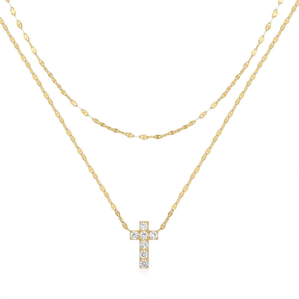 S925 sterling silver double layer twin diamond cross pendant necklace on clavicle chain in gold colour