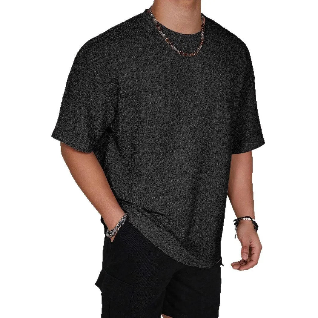 Men's slim fit polyester t-shirt with loose hollow knit design in light blue colour