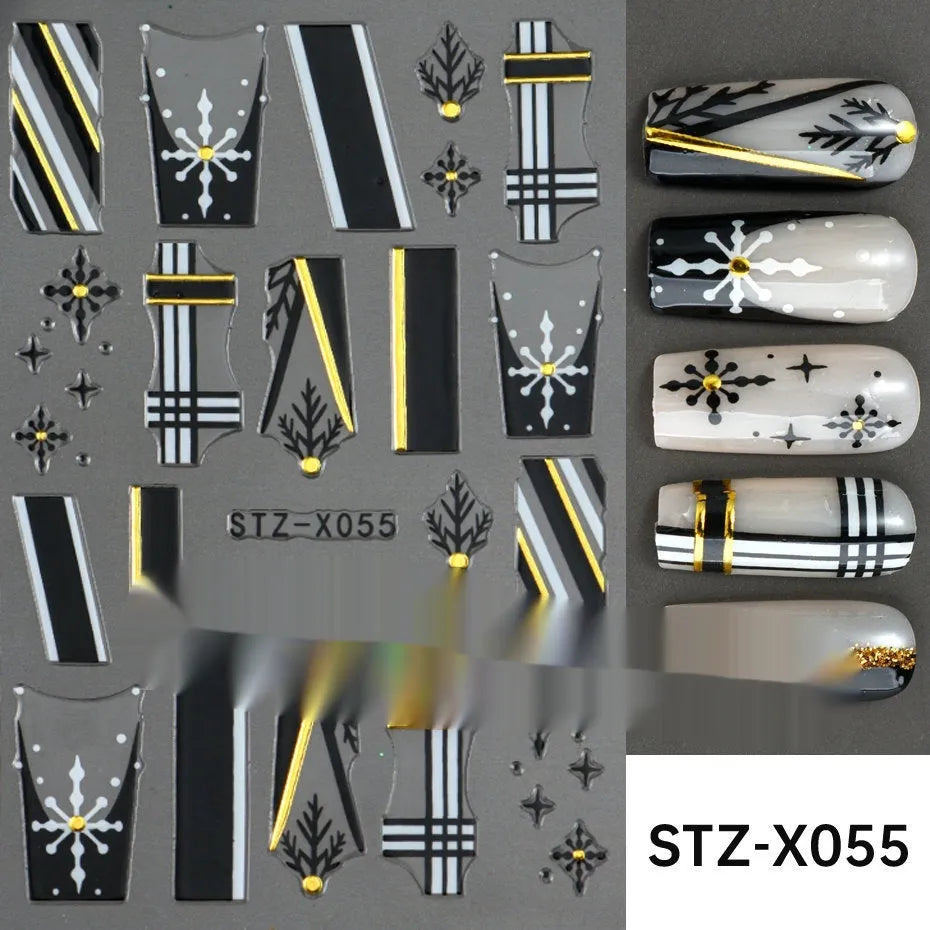 Sheet of black and silver love heart pattern nail art stickers with a plastic nail patch.