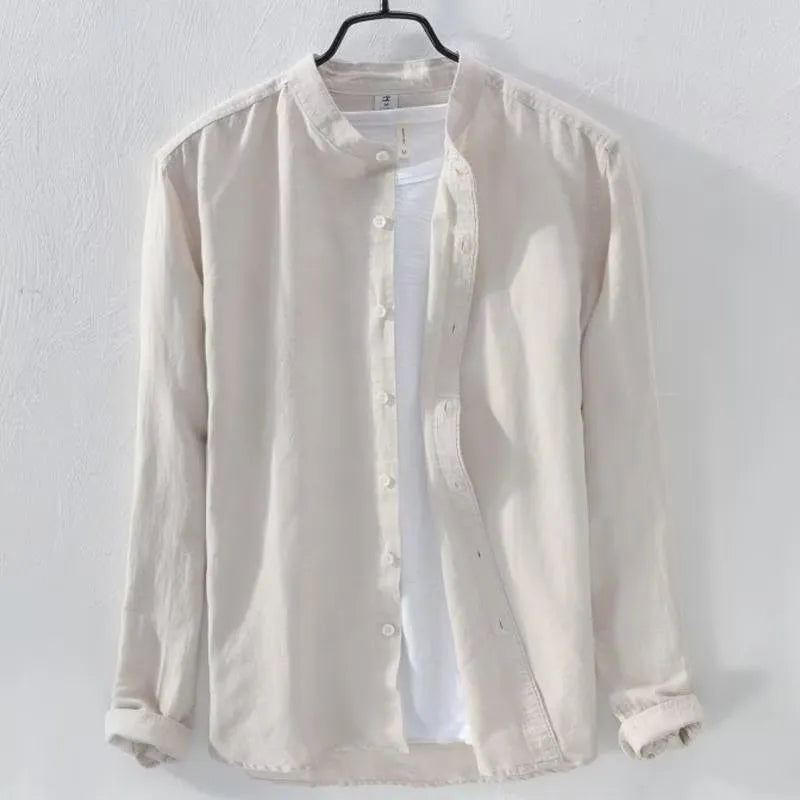 Loose casual long sleeve shirt in cotton linen fabric showing solid colour design