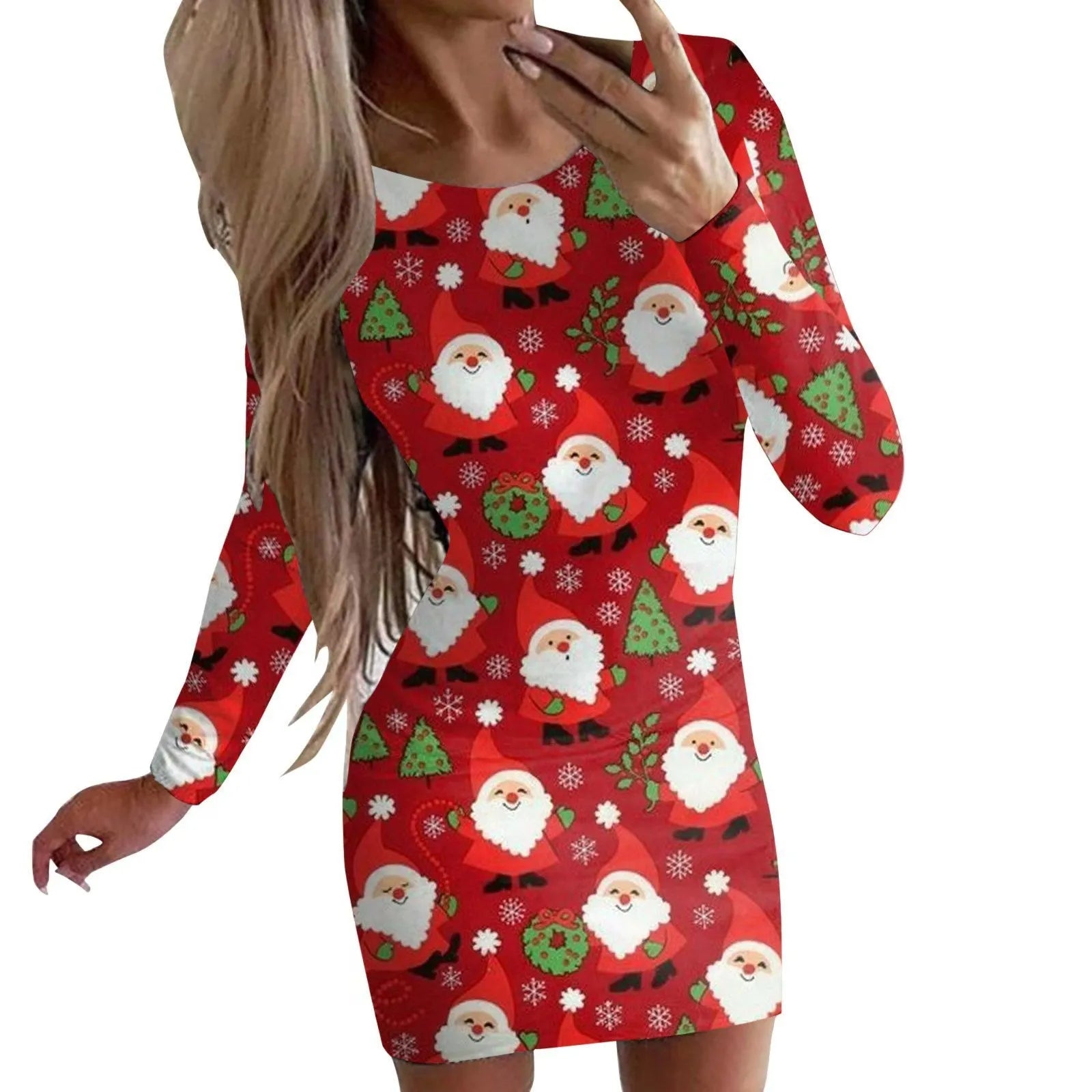 Women's Christmas printed dress with animal patterns, round neck, long sleeves in floral colours