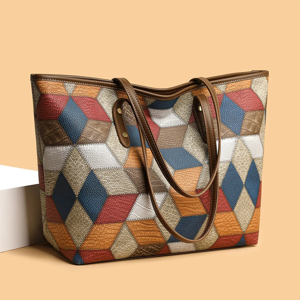 Women's PVC large capacity shoulder handbag with sandwich pocket outer design in blue brown colour