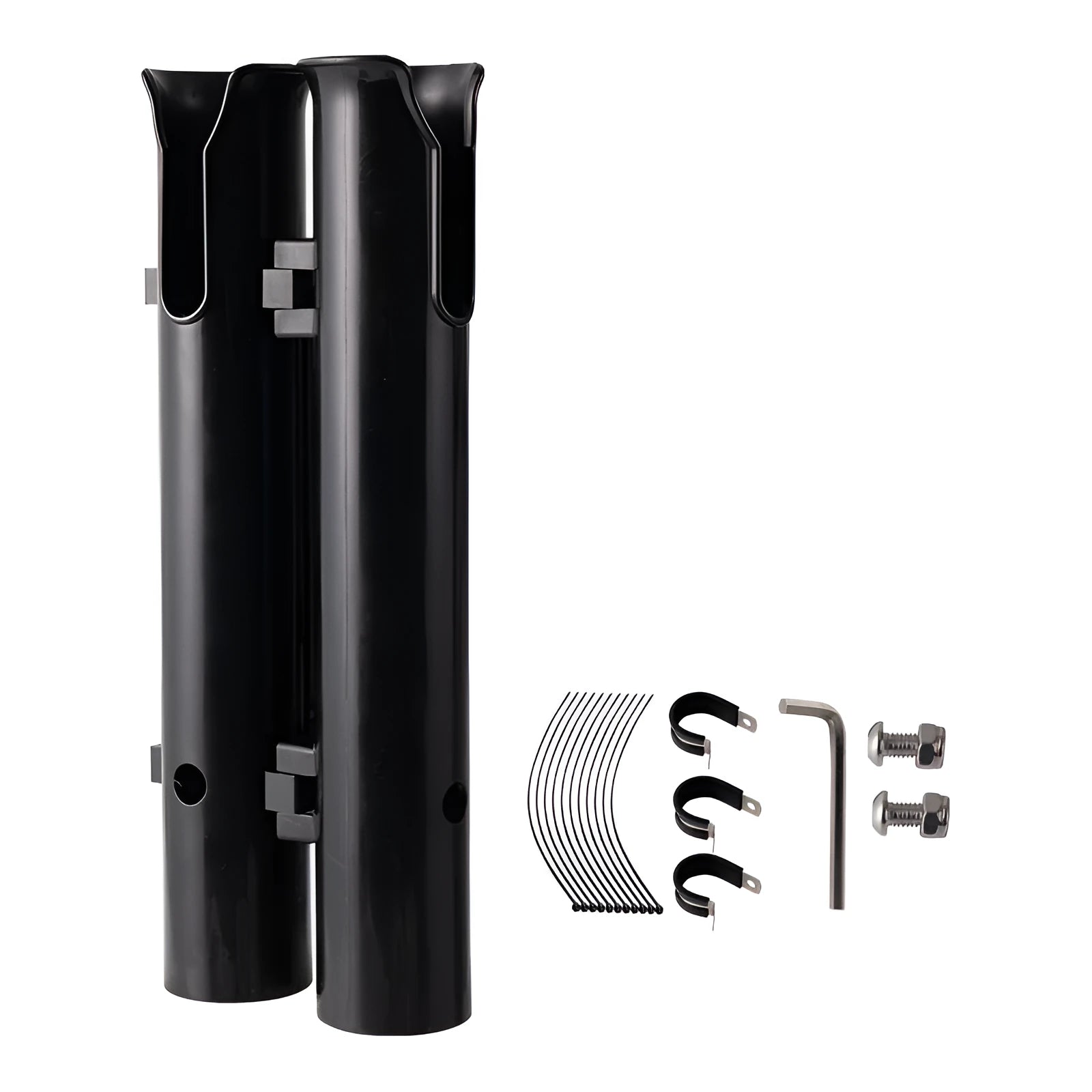 Plastic fishing rod rack with pipe clamp for motorcycle and bicycle mounting