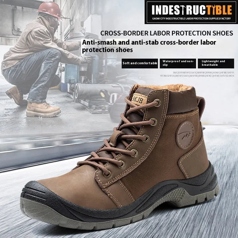 Orange and grey lightweight leather labour protection shoes with rubber soles on a white background
