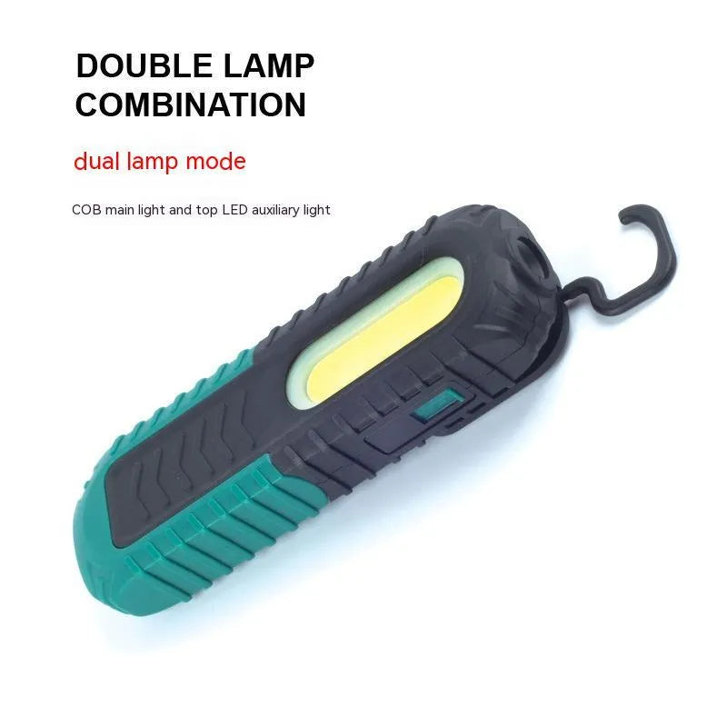 Black and green auto repair work light with USB charging port and 165mm length