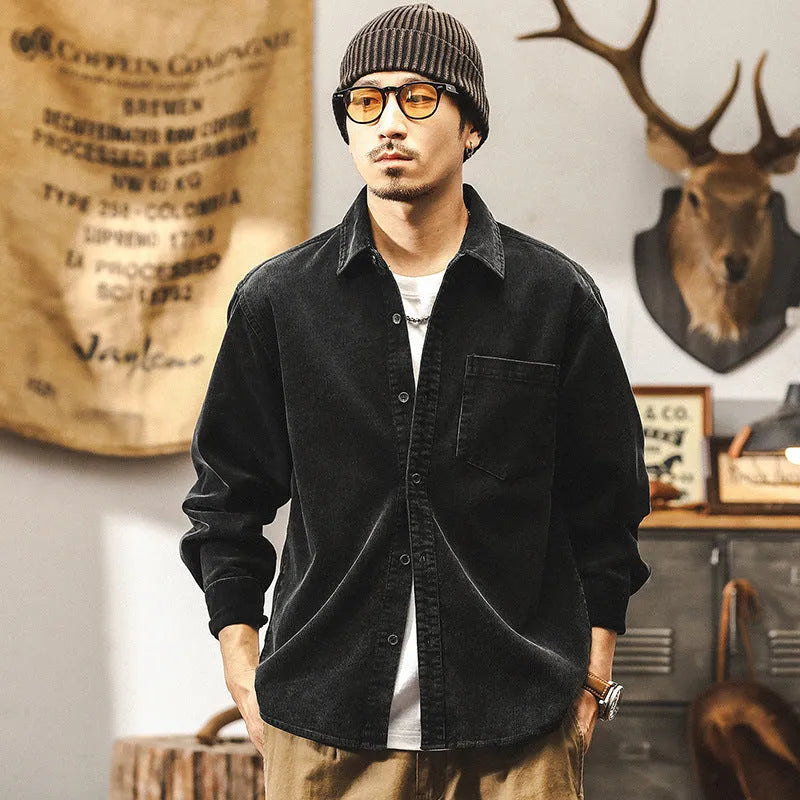 Men's retro corduroy shirt jacket in red with loose fit and long sleeves