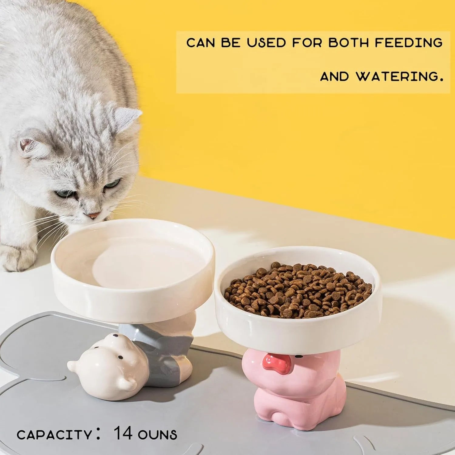 Raised ceramic cat food bowl in animal design, showing elevated height and wide bowl.