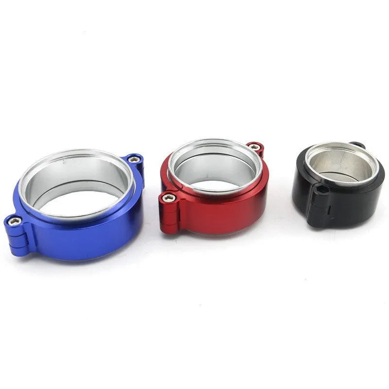 Aluminium fixed movement exhaust clamp for turbo applications in black, blue, or red.