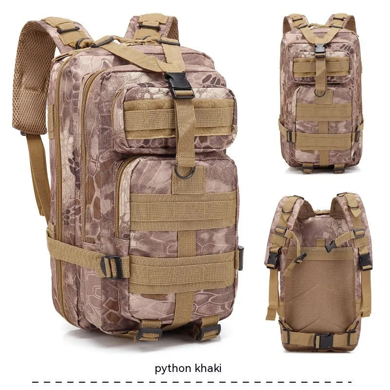 Large khaki coloured off-road hiking backpack with adjustable straps and multiple compartments.