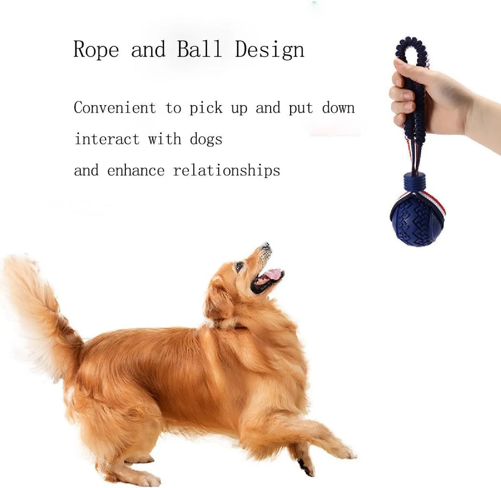Blue rubber dog ball with rope toy for small dogs showing textured surface and 29cm length