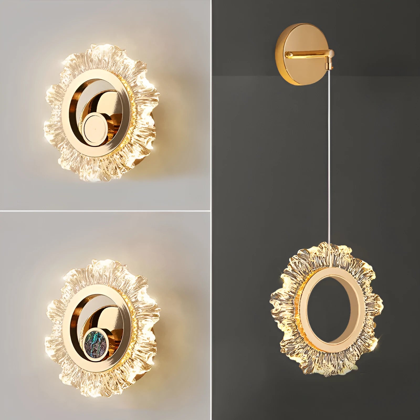 Minimalist modern wall lamp with acrylic shade in a bedroom setting, showing three light colour options.