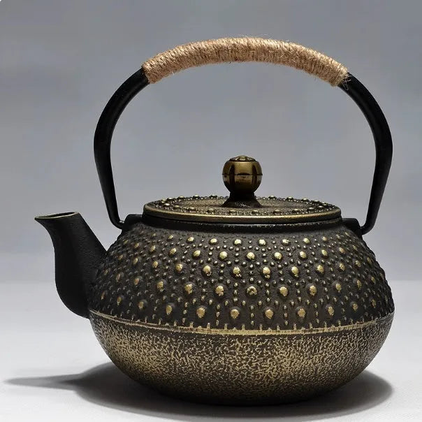 Japanese-style cast iron teapot with decorative patterns and 0.9L capacity for brewing tea