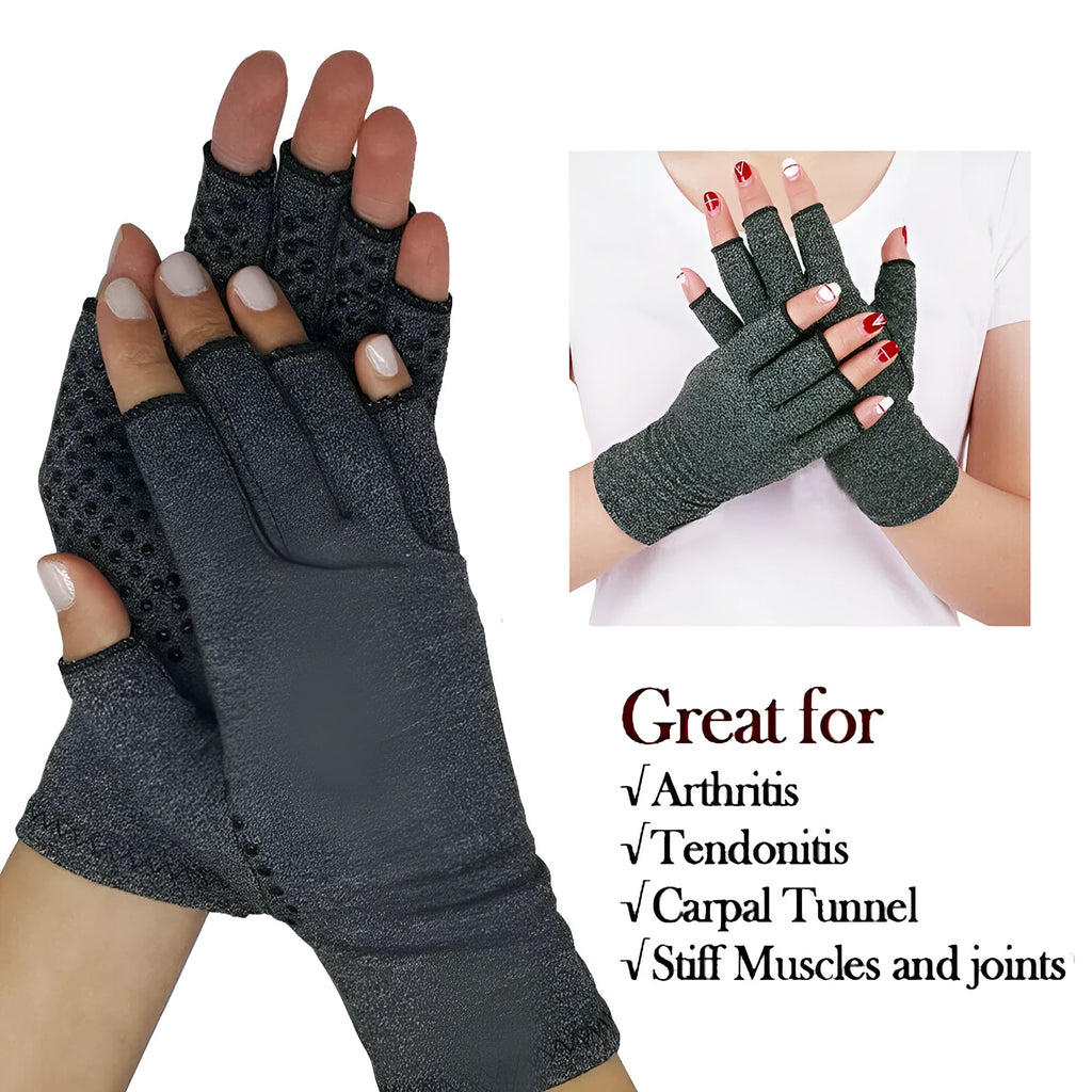 Grey half-finger compression gloves with anti-slip palm, shown in dispensing and non-dispensing styles.
