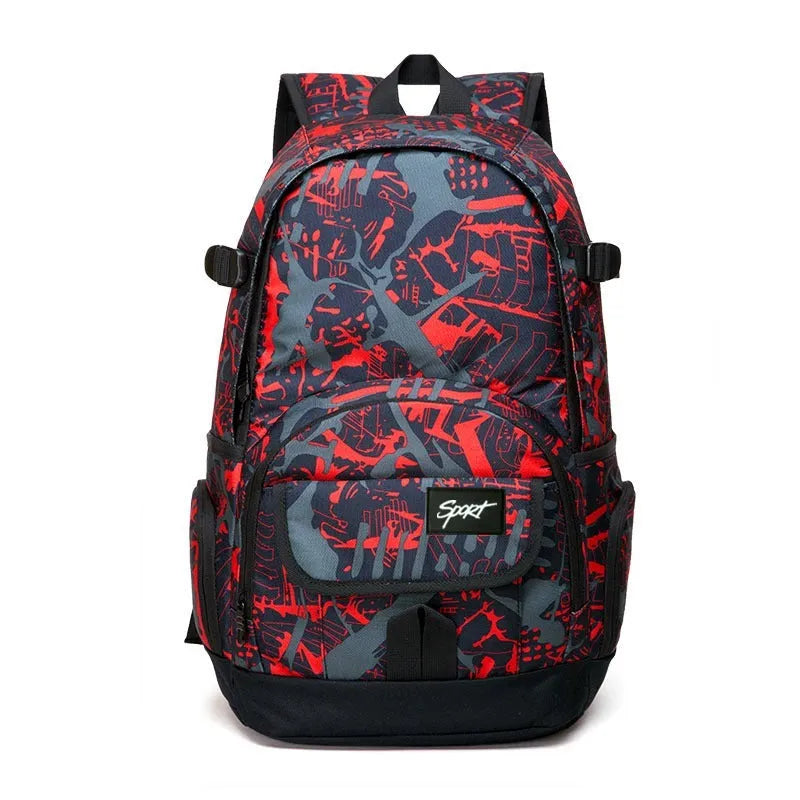 Blue and red large nylon backpack with multiple compartments open, showing internal organisation.