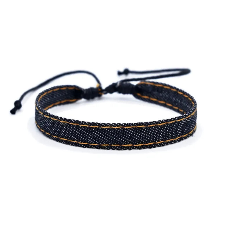 National style denim fabric bracelet carrying strap with mixed material construction for unisex travel and memorial use
