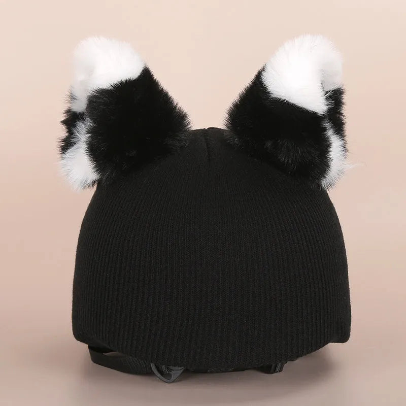 Cartoon-themed plush fabric helmet cover and ear decorations set for motorcycles and bicycles.