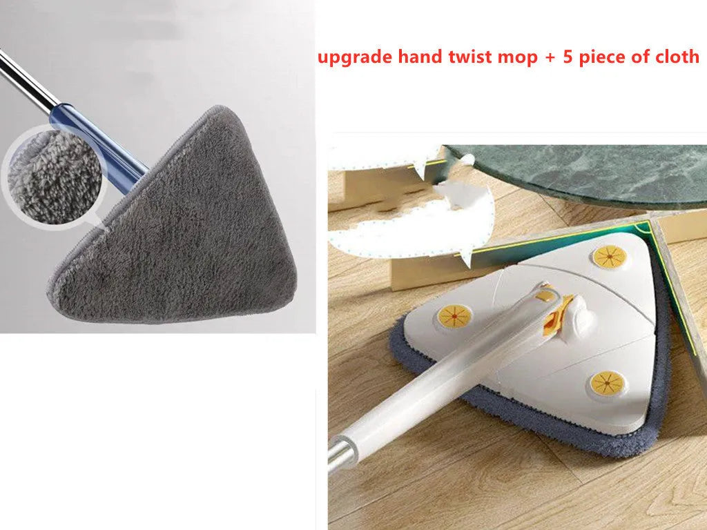 Blue triangle cleaning mop with extendable stainless steel pole and 360-degree rotating head