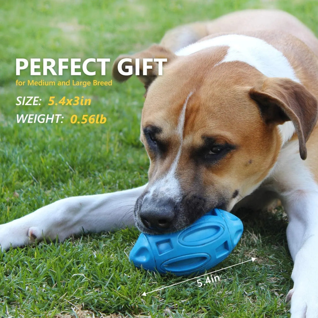 Blue, green, and orange rubber squeaky dog chew ball with grooved surface for medium and large breeds.