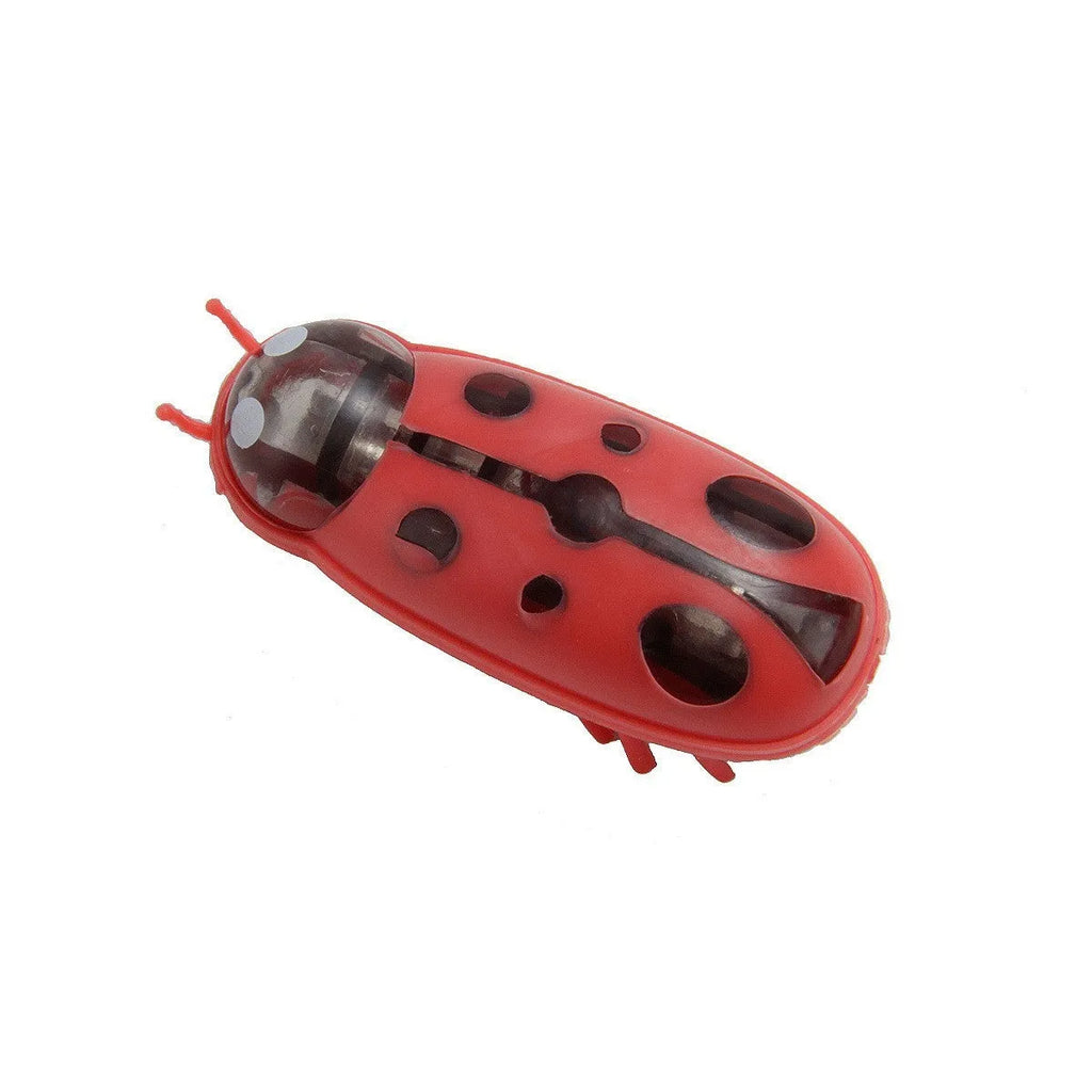 Electric jumping insect cat teaser toy showing iron cow and ladybug designs in red, green, and purple colour combinations