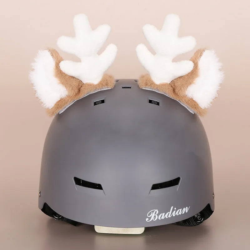 Cartoon-themed plush fabric helmet cover and ear decorations set for motorcycles and bicycles.