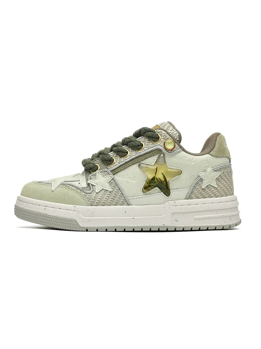 Cowhide leather low-top platform running shoes in beige with round toe and lace-up front.
