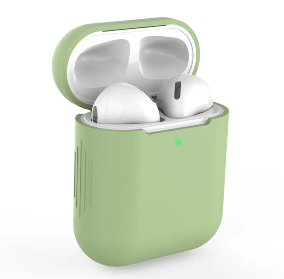 Silicone protective case for AirPods 2nd generation wireless earbuds in various colours showing 56x47x24mm dimensions