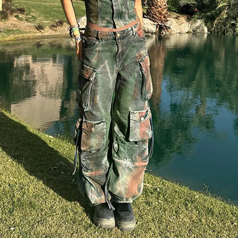 Loose fit cargo denim trousers with multiple gradient colour pockets and street style detailing