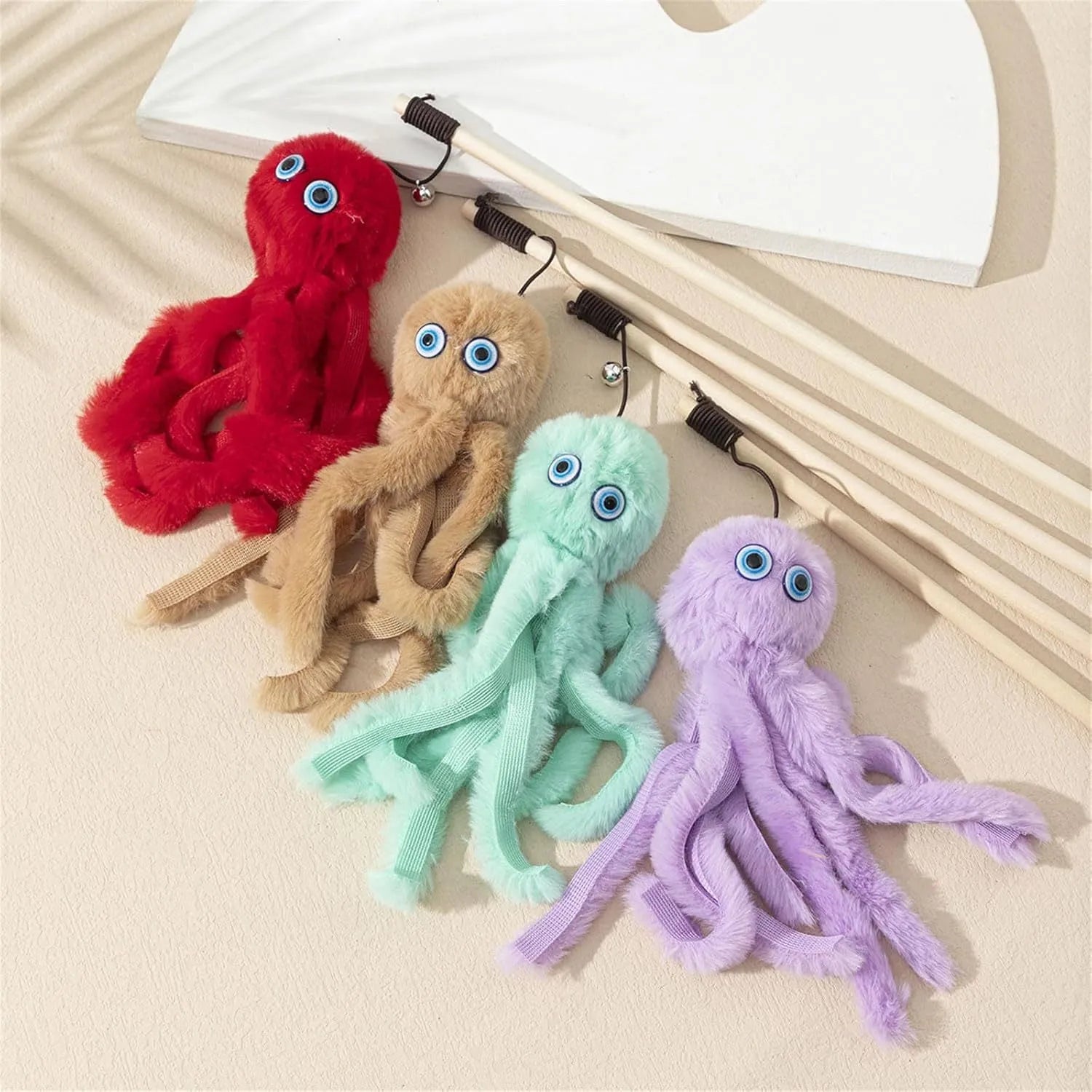 Octopus theme cat toy with long stick handle in bright pink purple red grey colours