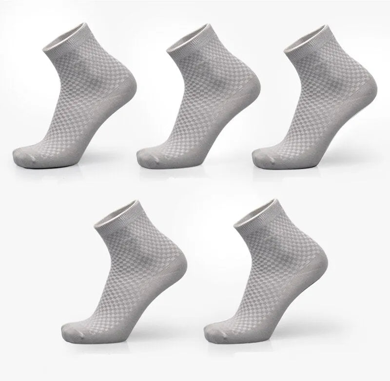 Men's bamboo fibre business socks with small square pattern in black, grey blue, iron grey, navy blue, and silver grey colours