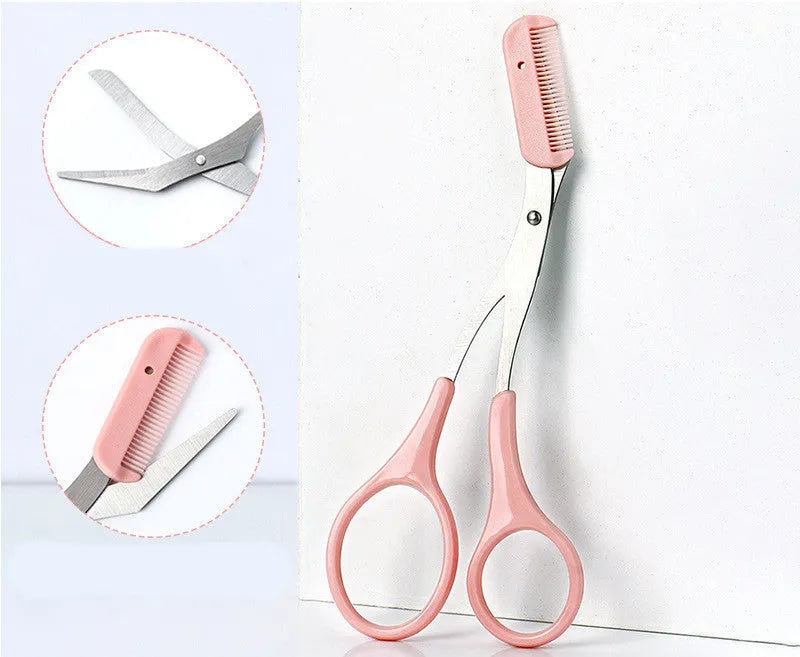 Curved moon eyebrow trimming knife set with comb in stainless steel and plastic