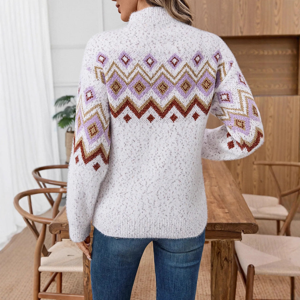 White geometric pattern jacquard sweater with a half-turtleneck collar and loose fit.