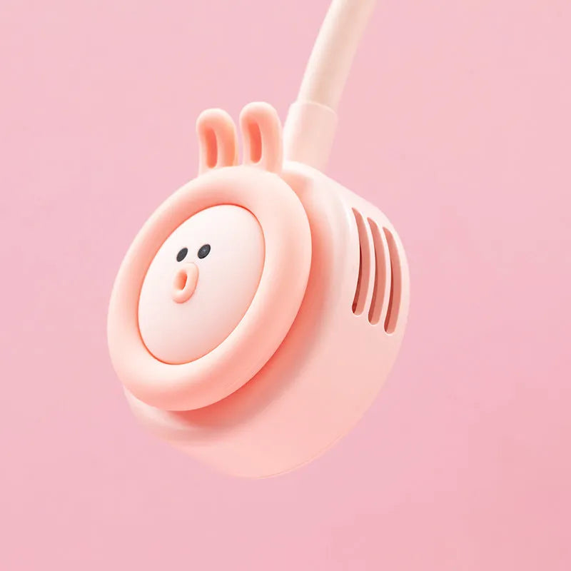 Pink folding leafless neck fan worn around neck showing three-speed controls and USB charging port