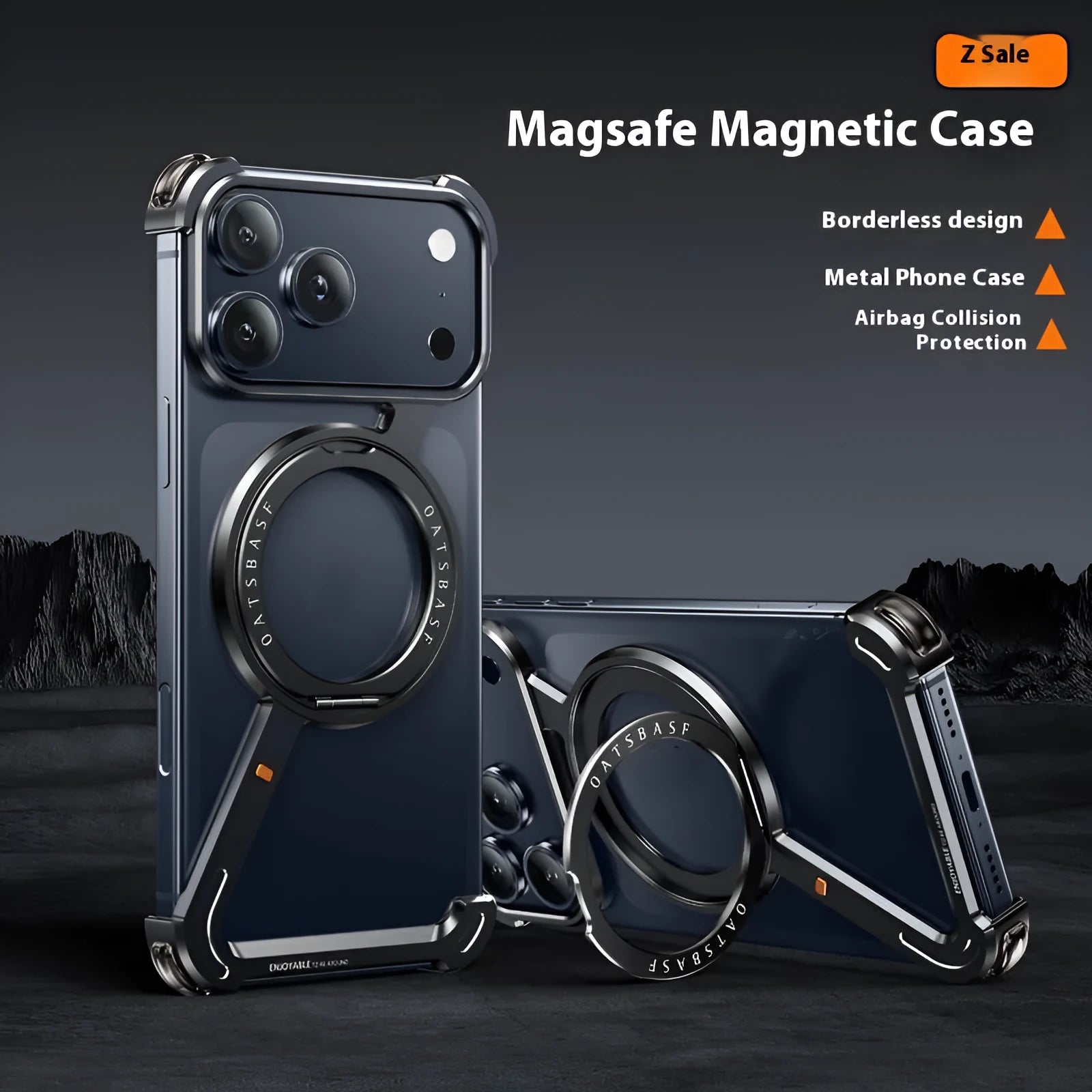 Black metal frame phone case for IPhone17Promax showing invisible magnetic bracket and electroplated finish