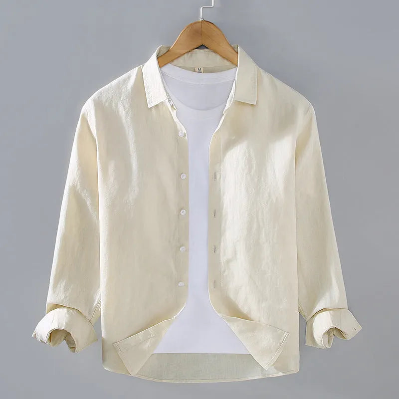 Men's pure linen simple cardigan shirt in a solid colour with long sleeves.