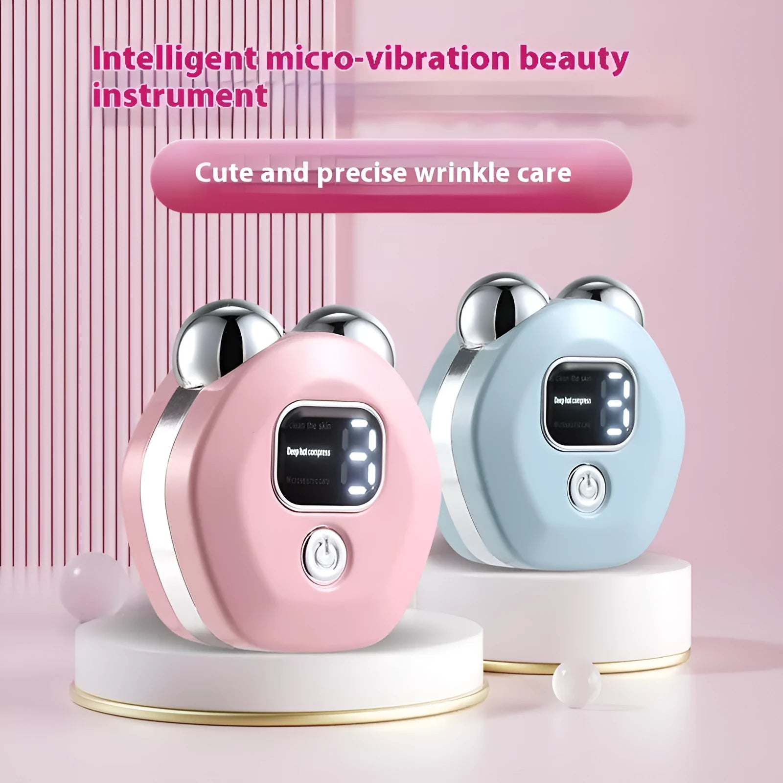 Portable white facial massage instrument with a dual-roller head for hot compress and microcurrent therapy.