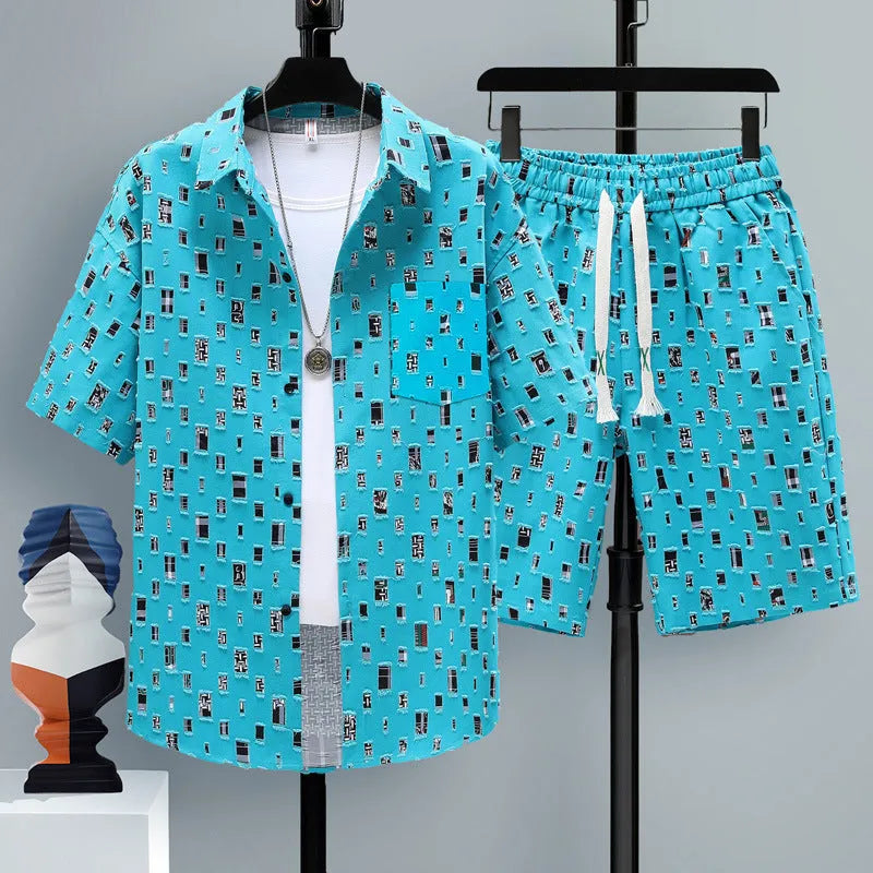 Men's casual two-piece shorts set in polyester, showing short-sleeve top and matching shorts.
