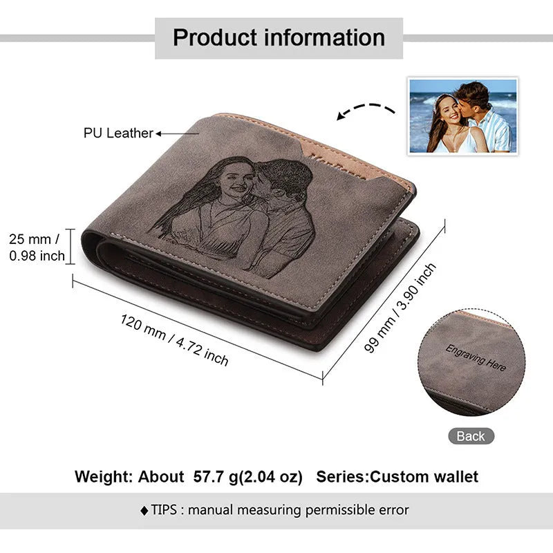 Coffee brown engraved horizontal short wallet with custom text or photo personalisation.