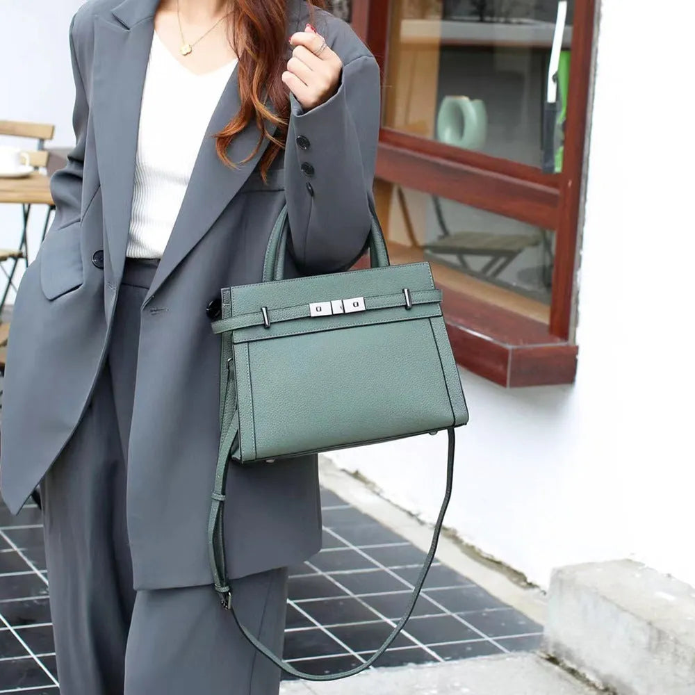 Small square genuine leather shoulder bag in horizontal design with multiple internal pockets