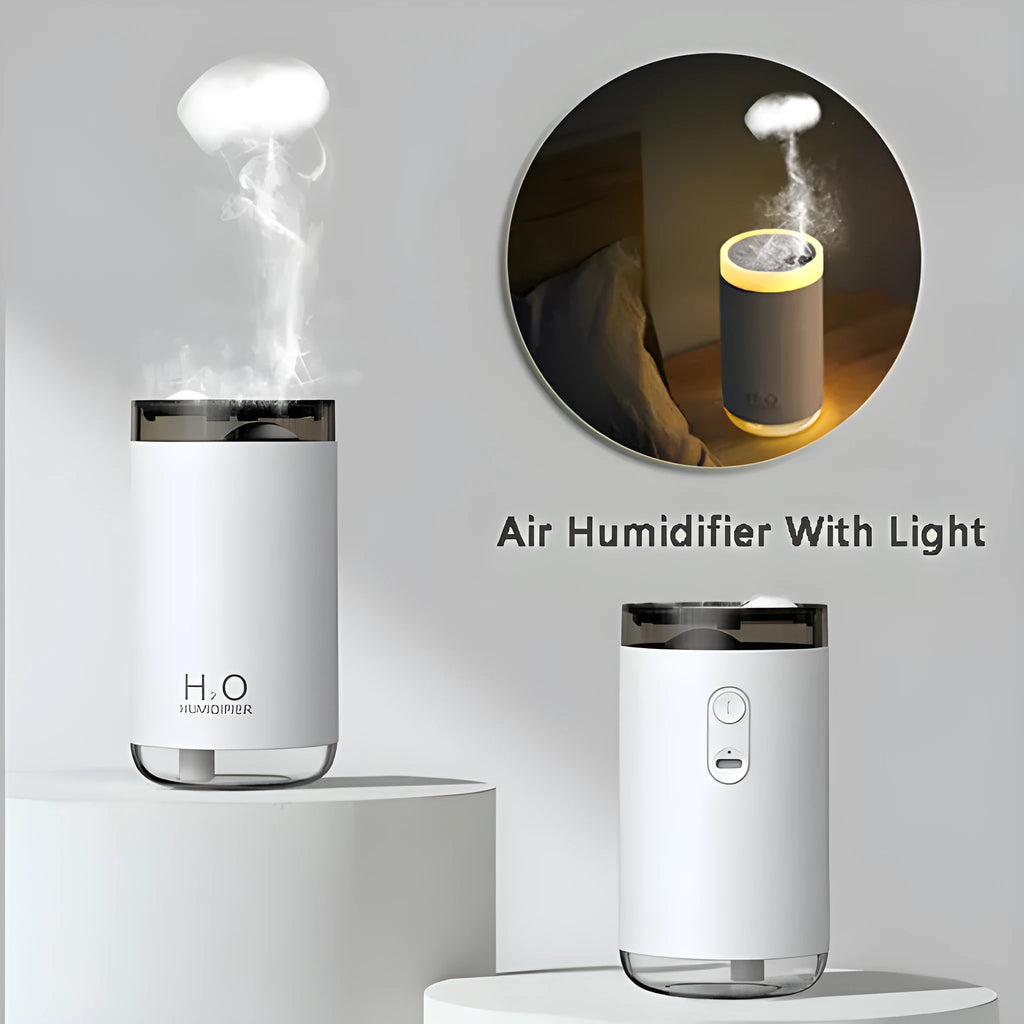 Blue jellyfish humidifier on a table emitting smoke ring mist with warm night light glow