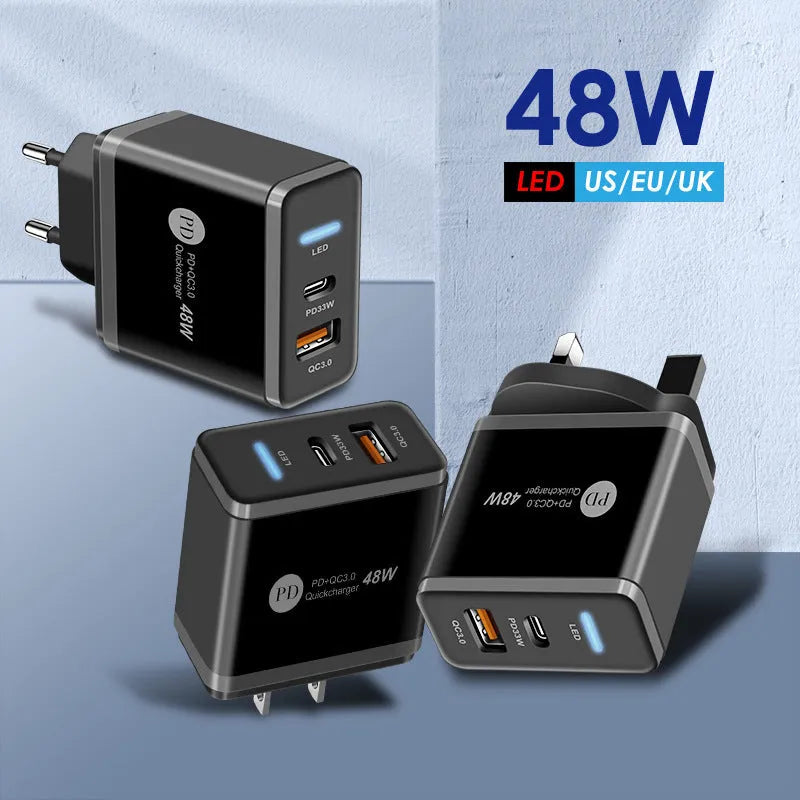 PD48W fast travel charger with UK standard three-pin plug and Type-C USB port