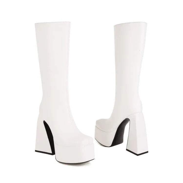 Women's casual high boots in artificial PU leather available in black, red, blue, and white colours