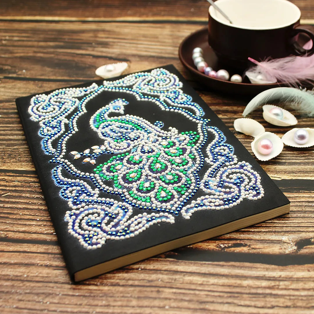 Peacock diamond painting notebook with shaped and bright drill beads, A5 size 142x207mm
