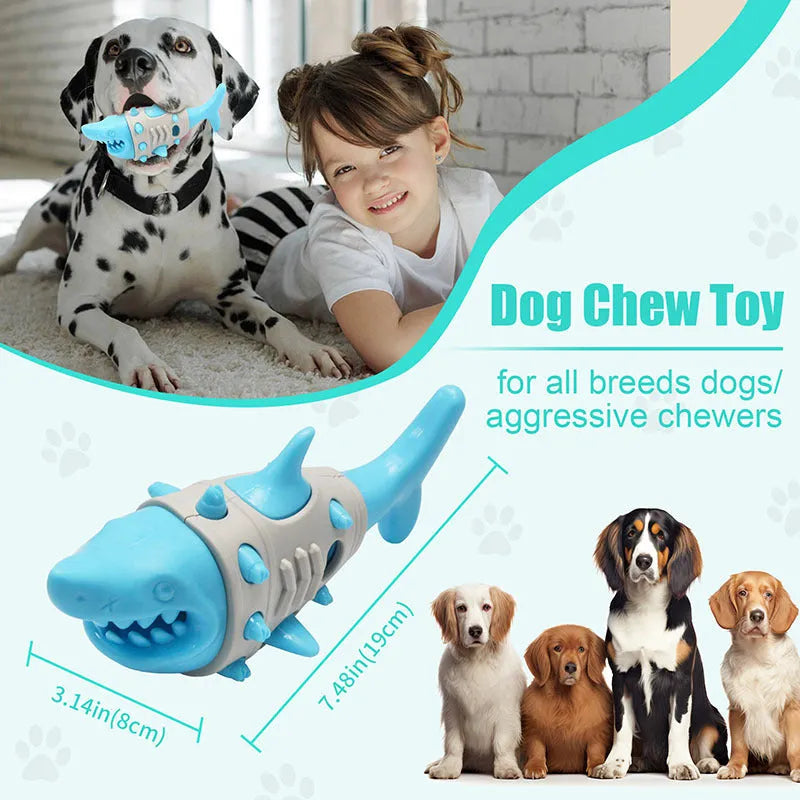 Blue durable rubber dog toy with shark-tooth texture and leaky design for teething puppies