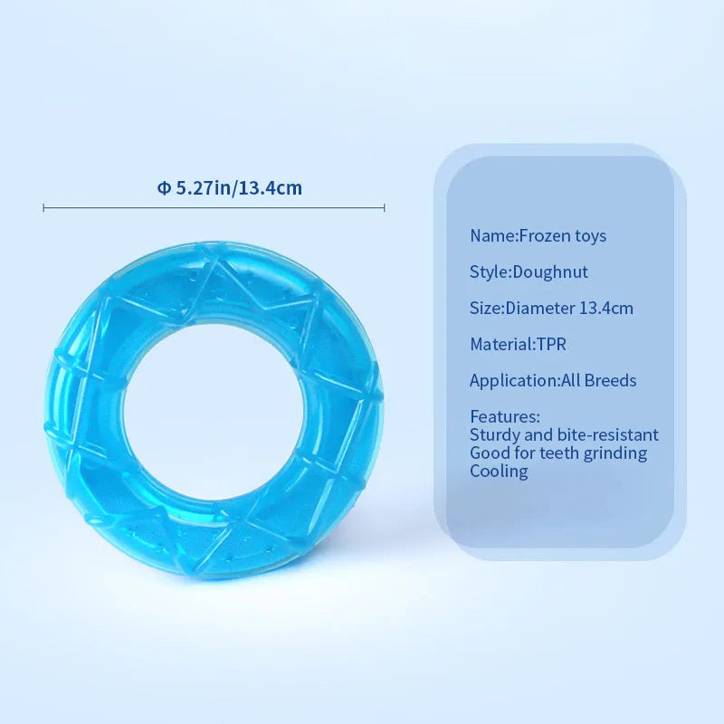 Set of three water-filled ice dog toys: a pacifier, a popsicle, and a ring cooling chew toy